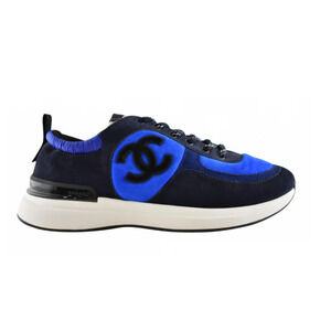 Chanel 21K Blue Suede White CC Logo Lace Up Tie Flat Runner Trainer Sneaker 40.5